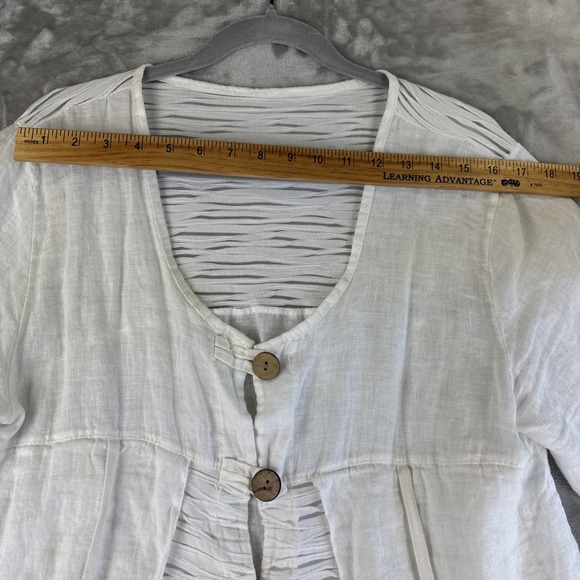 Italian Made 100% Linen Blouse Women's M White Button Up Sheer Lagenlook (1302) - Picture 8 of 10